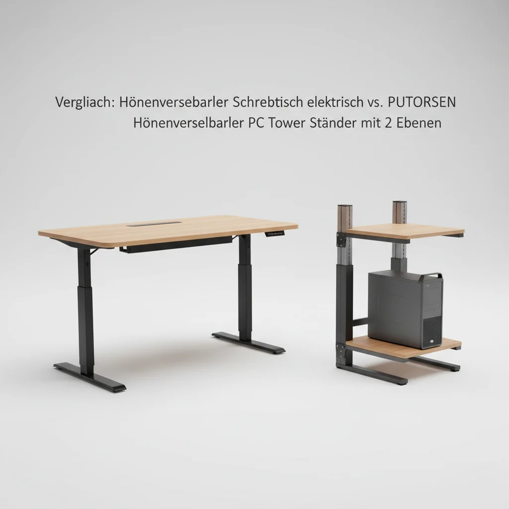 Vergleich: Höhenverstellbarer Schreibtisch elektrisch vs. PUTORSEN Höhenverstellbarer PC Tower Ständer mit 2 Ebenen