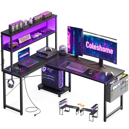 Gaming Tisch L Form mit LED & Steckdosen