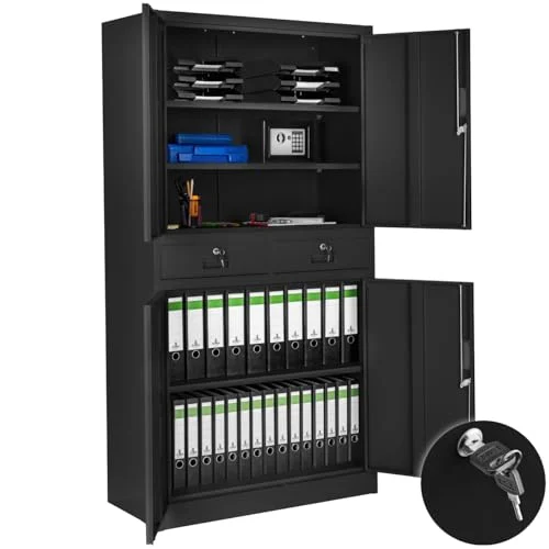 tectake® Aktenschrank, Mehrzweckschrank aus Stahl, Allzweckschrank, Aktenschrank abschließbar, 2 Schrankabteilen, 2 Schubladen, Türen und Schloss, Büroschrank, Werkzeugschrank, 180x80x40cm - schwarz