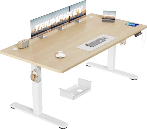TRIUMPHKEY Höhenverstellbarer Schreibtisch 160x80 mit USB Ladeanschluss, 3 Memory-Steuerung Schreibtisch Höhenverstellbar mit Kabelkasten, Computertisch Stehpult,Standing Desk, Beige