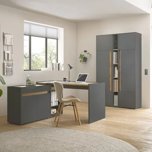 Lomadox Büromöbel Set anthrazit mit Eiche 6-teilig modern, 1 Schreibtisch, 1 Regal, 1 Kommode, 2 Stauraumschränke, 1 Aktenregal