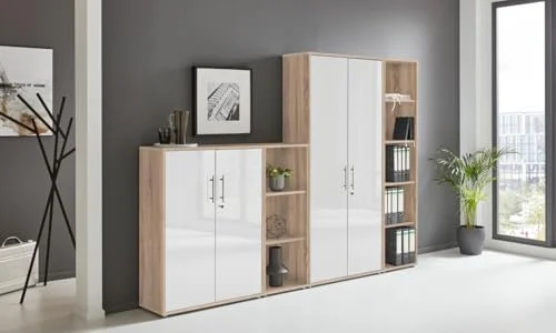 Schrankwand Office Edition abschliessbarer Aktenschrank Büroschrank Büromöbel Regal in Eiche Sonoma/Weiß Hochglanz (Set 4)