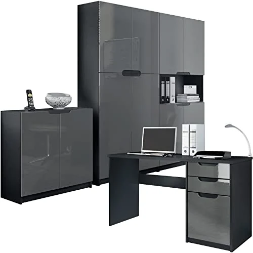 Vladon Büromöbel Arbeitszimmer komplett Set Logan, Made in Germany, Korpus in Schwarz matt/Fronten in Grau Hochglanz