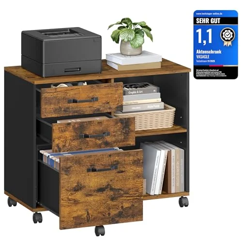 VASAGLE Rollcontainer, Aktenschrank, mit 3 Schubladen und Rollen, offene Fächer, für Dokumente in DIN A4-, Letter-Format, Druckerständer, Industrie-Design, vintagebraun-schwarz OFC041B01